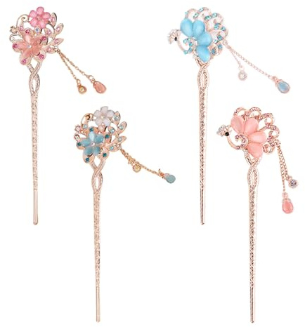 4 Pièces Épingles À Cheveux Rétro À Pampilles, Fleurs Exquises, Accessoires Pour Cheveux Chinois, Épingles Pendentif Strass, Décoration Fixation Cheveux