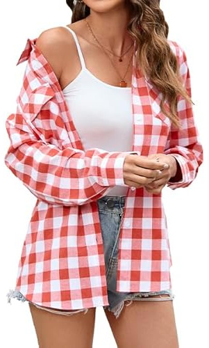 Stamain Camisa Cuadros Rojo Mujer Manga Larga con Botones Camisas Leñador Mujer Blusa Top Enrollable Casual Clásica Oficina Fiesta con Bolsillos M