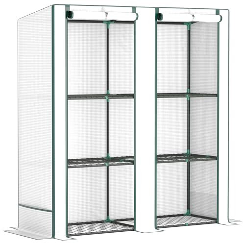 Outsunny Gewächshaus mit Pultdach Doppeltür, Regale, Winterfest Foliengewächshaus aus Stahl, Treibhaus für Balkon, Garten, Tomatenhaus 144 x 48 x 152 cm, Tomatengewächshaus für Tomaten, Gemüse, Weiß