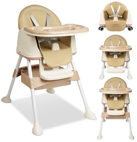 Baby Hochstuhl kinderhochstuhl 4in1, hochstühle Multifunktionaler Verstellbar, Babystuhl mit Tablett Abnehmbares und Rollen, kinderstuhl Kombinierbarer mit 5-Punkt-Gurt, Kinder Essstuhl, Beige