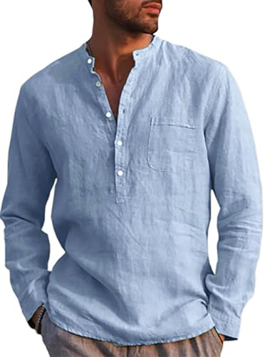 Runcati Camisa de lino para hombre, manga larga, algodón, lino, camisa de ocio, corte regular, para playa, verano