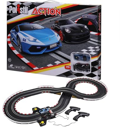 Polistil Action - Elektrisk Racerbana med 2 Slotbilar Lamborghini Huracan Polizia och Porsche 911 GT3, Skala 1:43, Banan 3,08 m, Officiella Licenser, Rekommenderad Ålder 8+ År