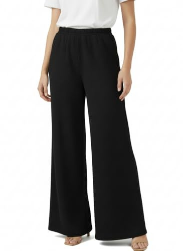 Women’s Wide Leg Palazzo Trousers – Elegant Flared Waffle Knit Lounge Pants Elasticated Waist Comfy Pants (Black XXL Long)