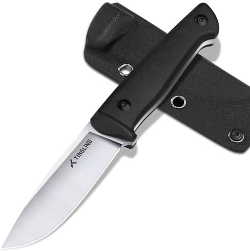 Tingling Coltello da Campeggio a Lama Fissa: Coltello da Esterno con Fodera per Bushcraft, Nero
