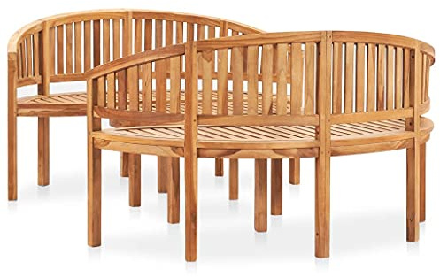 PUGYNBK Set di 3 lounge da giardino in teak massiccio, composto da un tavolo con doghe e due panche a forma di banana, portata fino a 110 kg per posto