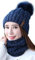 Damen Wintermütze Schal Set, Weichem Innenfutter Strickmütze und mit Fleecefutter, Winter Wärme Beanie Mütze Strickschal, Schlauchschal Hüte Mützen Kunstpelz Bommel Pom (Navy blau), Einheitsgröße