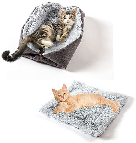 TUAKIMCE 2 in 1 Plush Cat Blanket & Cushion Bed - Kitten & Puppy Sleeping Bag Mat - Warm, Washable, Foldable