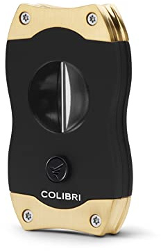 Colibri-Tagliasigari nero e oro satinato in acciaio-lama a ghigliottina-rilascio a molla-taglio a V -sigari fino a 2,38 Cm di diametro - Taglio a V profondo 7 mm -Confezione regalo. Colibri dal 1928