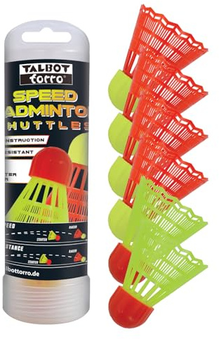 Talbot-Torro Speedbadminton Shuttlecocks, 6 Pieces - 4 Runners and 2 Starters, with Aerodynamically Optimized Plumage, in a Resealable Rotating Box, 490182
