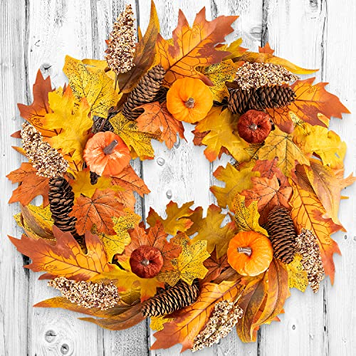 Benjia Couronne d'automne Artificielle de 45 cm, Couronne d'feuilles d'érable avec du potimarron Velours, des Pommes de pin pour Halloween Thanksgiving Porte d'entrée Couloir décoration Murale