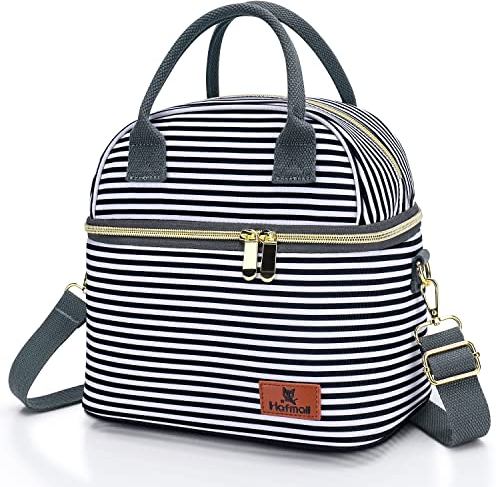 Hafmall Doppelschicht Isolierte Lunch Taschen, 9L Lunch Kühltasche für Damen Herren, Mittagessen Tasche mit Verstellbarem Schultergurt, Thermotasche für Arbeit Schule (Streifen)