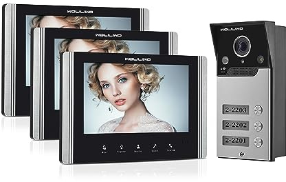 WOLILIWO Video Türklingel mit Kamera,3-familienhaus Video Doorbell Intercom with 7-Inch Monitor,Sprechanlage mit türöffner,4 Wires,Night Vision, IR Sensor, 52 Ringtones