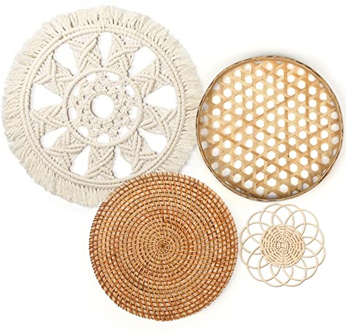 Tatuo Set of 4 Boho Wall Basket Decor Round Rattan Hollow Bamboo Baskets Flower Shape Flat Woven Wall Decor Hanging Basket Set Macrame Tassel Tapestry for Bedroom Living Room