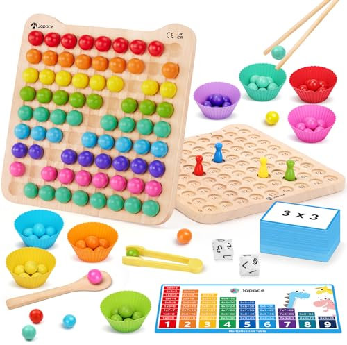 Japace Montessori Wooden Toys for Kids, Color Beads Matching Game Multiplication Board Game Math Game, Early Learning Toddler Educational Toys for 3 4 5 6 7 Year Olds Boys Girls Birthday Gift