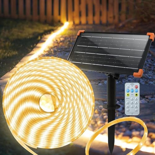 ZAIYW 15M Solar LED Streifen Aussenbereich IP68 Wasserdicht 300 LEDs Strip Lichter Dimmbar mit Fernbedienung Timer, Selbstklebend Lichter Band für Garten, Baum, Zaun, Pool Dekor (Warmweiß)