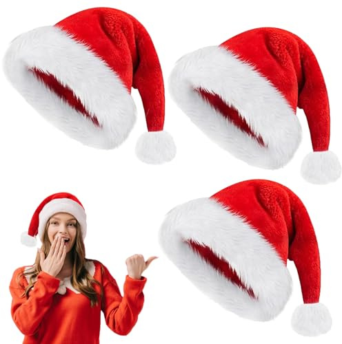 Gorro de Papá Noel, 3 Piezas Gorro Navidad, Sombreros Navideños, Gorro Navidad para Adulto, Sombrero de Santa Peluche para Festivos Sombrero Fiesta de Navidad, Suministros para Fiestas navideñas