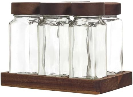 COOK CONCEPT, KA0366, Bocaux à épices en Verre avec Plateau en Acacia, couvercles hermétiques pour Conservation optimale, étiquettes Personnalisables, 6 pièces, Transparent, Taille Standard