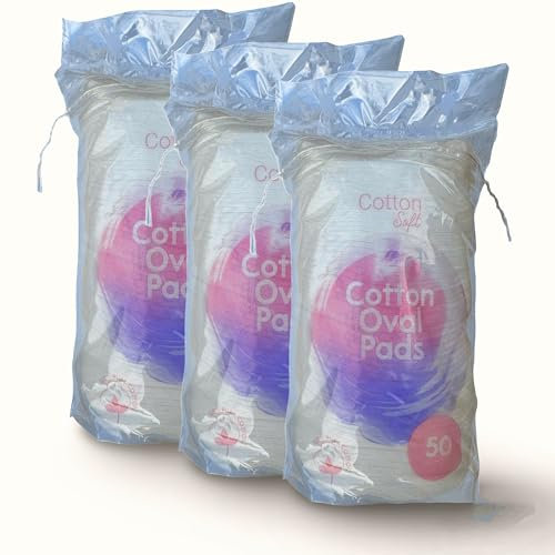 150 Large Cotton Wool Oval Pads - 100% Pure Cotton Wool - Absorbant and Lint Free - for Makeup Remover, face Care or Cleansing - 3 Pack