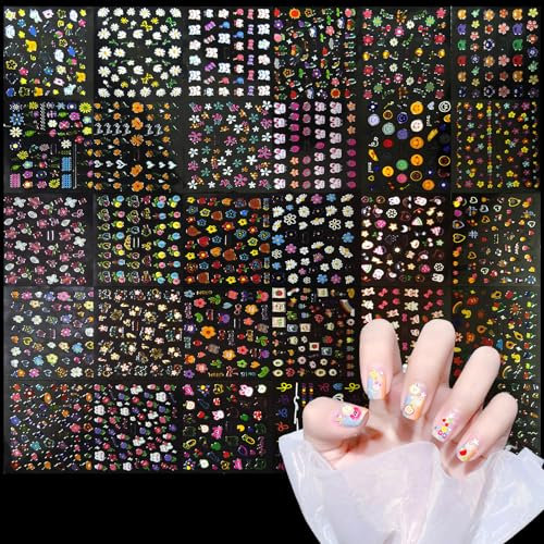 WD&CD 3D Nagelsticker Aurora 30 Blatt Bunt Nail Art Sticker Selbstklebend Nagelaufkleber Sommer Blume Blumenherzform Niedliches Tier