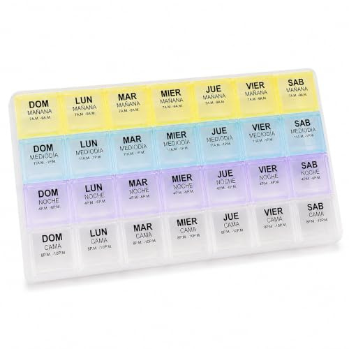 Pastillero Semanal 7 Días 4 Tomas Diarias | Organizador de Medicamentos Mañana Tarde Noche | Pastillero Grande 28 Compartimentos | Caja Pastillas Portátil y Ligera 21,5x12 cm