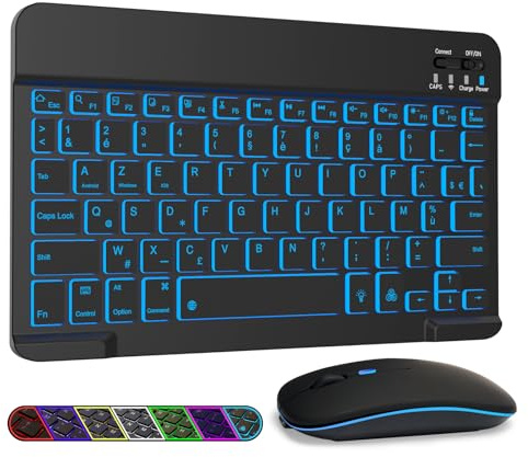 LAMA Clavier et Souris sans Fil rétroéclairés 7 Couleurs, Clavier Universel Ultra Fin Rechargeable, Clavier Bluetooth Portable pour iPad/Tablette/iOS/Android/Windows/téléphone, Rétroéclairage Noir