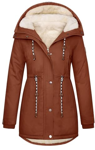 Xnova Manteau Femme Hiver Chaude Mi Longue Parka Manteaux en Coton Coupe Vent, Veste Polaire à Capuche Manche Longue Casual Blouson avec Zippé Trench Coat Anti-Froid Jacket (Marron, XL)