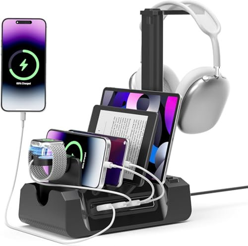 KDD Charging Station Organizer for Multiple Devices,6-in-1 Charging Dock with Headphone Stand and Watch Holder,2 AC,3 USB A, 1 USB C,Storage Charger Station for Smartphone,Tablets, Apple Watch