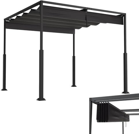 LZQ Pergola Pavillon 3x3 m mit stabilem Stahlrahmen und verstellbarem Schiebedach, Terrassendach aus PA-beschichtetem Polyester, wetterbeständiger Sonnenschutz für Garten und Terrasse (Schwarz)