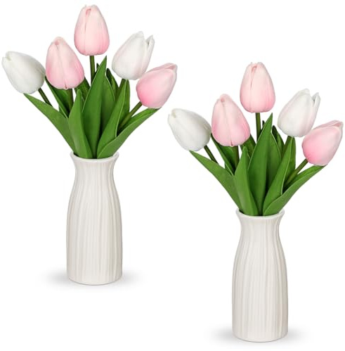 Briful Confezione da 2 tulipani artificiali con vaso in ceramica, rosa e bianco, tulipani artificiali in schiuma di polietilene, fiori artificiali in vaso per decorazione domestica, centrotavola