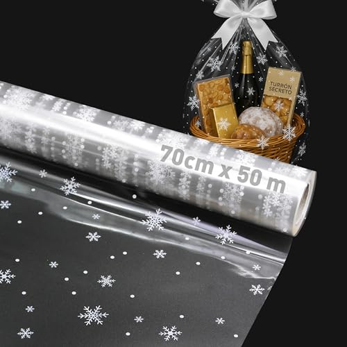 70 CM x 50 M Celofán Transparente con Estrellas para Envolver Cajas de Navidad, Cestas y Decoración de Flores,Rollo de Polipropileno Transparente con Grosor 35 micras (Blanco)