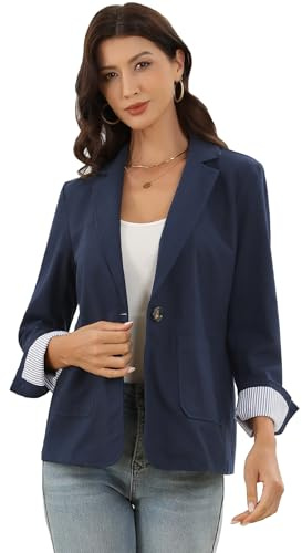 Allegra K Blazers en Coton et Lin pour Femmes Style Business Casual Veste de Travail à Un Bouton Tailleur de Bureau Bleu Marin XL
