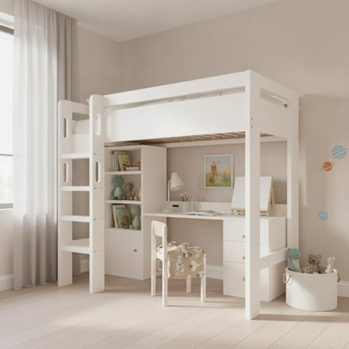 Su & Chan Legence High Sleeper Bed with Desk, Loft Bed with Large Storage and Charging Function, Kids Bed with Slatted Frame and Safety Ladder, No Mattress, 90 x 190cm, White