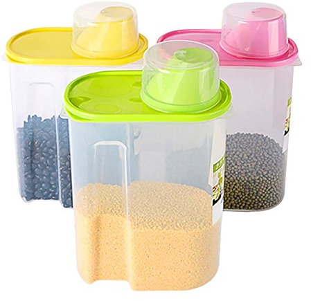 Basicwise QI003216.3L Large BPA-Free Plastic Saver, Kitchen Food Cereal Storage Containers with Graduated Cap, Set of 3, Pink, Green, and Yellow