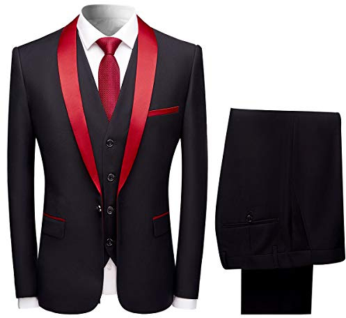 Sliktaa Homme Costume Élégant 3 Pièces Rouge Tuxedo Slim Fit Classique d'affaires Mariage Bals Veste+Gilet+Pantalon,XL,Noir