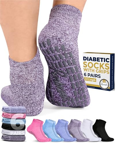 Pembrook 6 Pairs Diabetic Ankle Socks for Men & Women with Grips - 12 Colors Neuropathy Socks for Men | Non Slip Edema Socks, Bright Colors, Medium