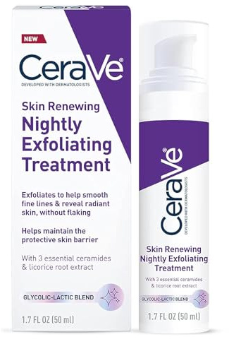 CeraVe Skin Renewing Nightly Exfoliating Treatment, Anti Aging Serum With 5% Blend Of Glycolic Acid & Lactic Acid, Wrinkles & Dark Spot Corrector For Face, Exfoliating Gel, 1.7 Oz