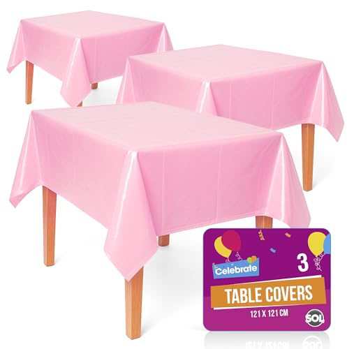 SOL 3pk Solid Lovely Pink Table Cloth Party 121x121cm Christmas Decorations Wipe Clean Plastic Cover Disposable for Parties Heavy Duty Spill Protection - Birthdays, Weddings, Buffets, Catering