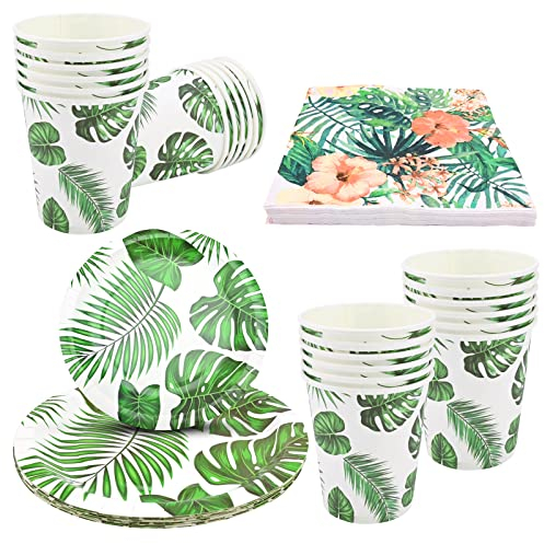 Gukasxi Juego de vajilla de fiesta con diseño de hoja de palma hawaiana para 24 invitados, incluye 24 platos y 24 tazas, perfecto para fiestas tropicales
