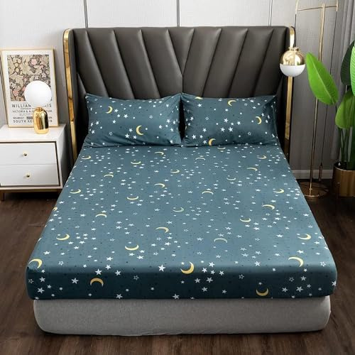 Spannbettlaken 90x200cm Grau Anthrazit Stern Muster Spannbetttuch Bettlaken Boxspringbett 90 x 200 Spannbetttücher Microfaser Jersey Leintuch für Hohe Matratze bis 25-30 cm