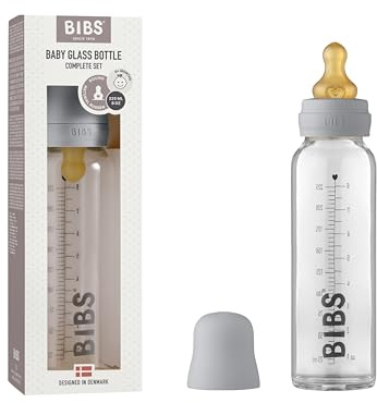 BIBS Baby Glass Bottle. Anti-Colic. Round Natural Rubber Latex Teat. Supports Natural Breastfeeding, 225 ml, Cloud