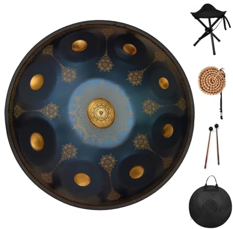 Handpan Steel Tongue Drum 22 Zoll Steel Percussion Drum Instrument mit Reisetasche,Blue-432HZ-10Notes