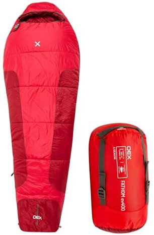 OEX Fathom EV 400 Sleeping Bag for Adults, Teens, Kids, 1 Person, 4 Season, Lightweight, Mummy, Cold Weather, Indoor & Outdoor Use, Camping, Hiking, Backpacking, Travelling, Compression Bag, Red