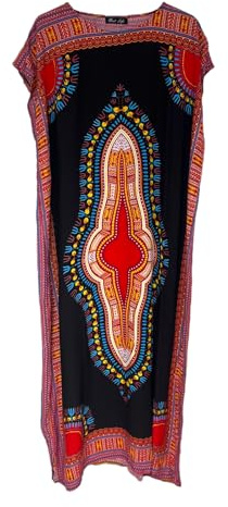 Vestido largo de algodón para mujer, caftán, para verano, africano, Dashiki, talla única, Negro, Talla única