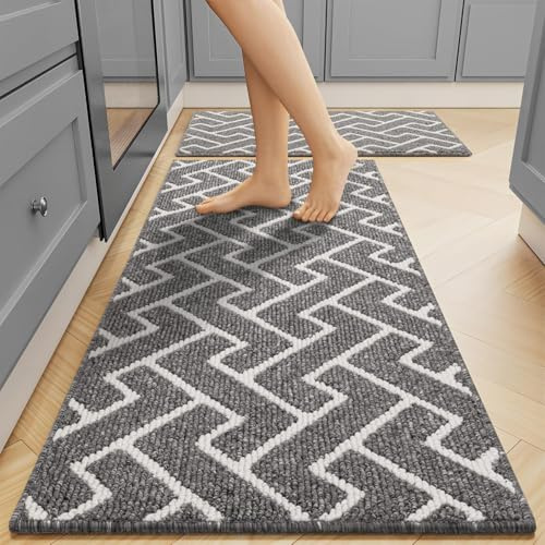 hicorfe Kitchen Runner Rug,Set of 2 Non Slip Kitchen Mats for Floor,Comfort Washabe Kitchen Rugs Carpet for Hallways Entryway Laundry Room(20x32+20x48,Grey)