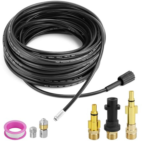 QWORK® Tuyau de nettoyage de tuyaux 30M 180bar, tuyau déboucheur flexible, avec adaptateur, compatible avec les nettoyeurs haute pression K-Series K2, K3, K4, K5, K6, K7