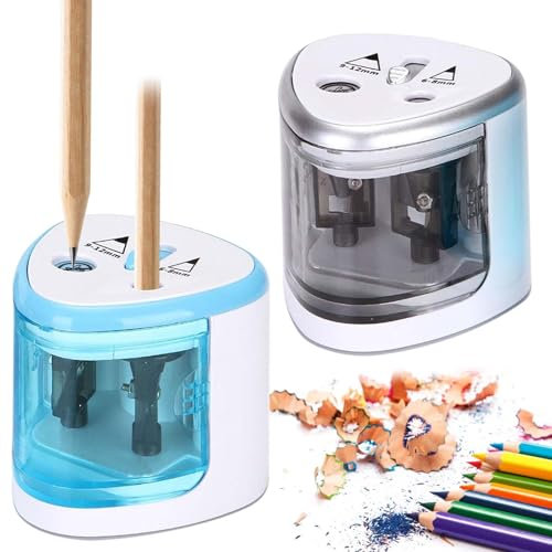 2 Stück Elektrischer Anspitzer, Elektrischer Bleistiftspitzer für Doppelloch für 6-8mm und 9-12mm für Schulen Haushalte alle Bleistifte Buntstifte Wachsmalstifte und Eyeliner (Blau+Weiß)