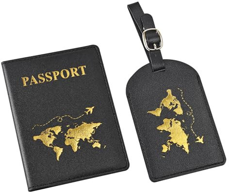 Risipu 2 Stück Reisepasshüllen und Gepäckanhänger, Leder Passport Cover, Geeignet für Die Aufbewahrung von Pässen, Kleingeld und Kreditkarten (Schwarz)