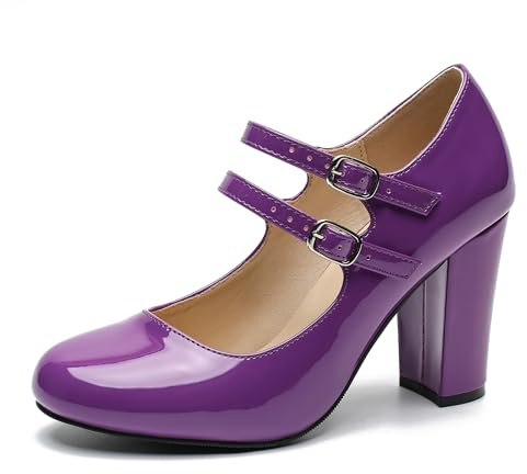 Women's Mary Jane Pumps, Double Strap, Chunky Block High Heel, Round Toe, 3.54 Inch Dress Shoes Patent Purple 24.29cm insole - US 7.5