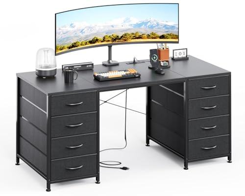 MUTUN 120cm Computer Desk with 8 Drawers, Home Office Desk with Power Outlets, Modern Table with Large Storage for Writing, Study, Black