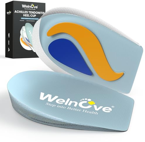 Welnove Heel Cups for Plantar Fasciitis - TPE Shock Absorption Heel Pads for Achilles Tendonitis, Washable Heel Cushion Inserts for Heel Spur Pain Relief, Shoe Lift Support for Men Women Blue,S